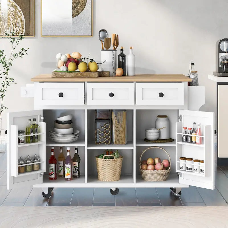 Rolling Kitchen Island Cart with Drop-Leaf Countertop 3 Drawers Black