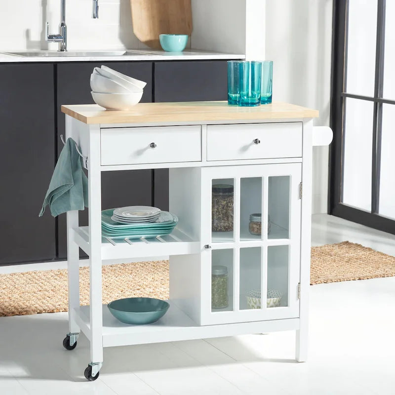 Country-Style Kitchen Cart with 2 Drawers, 2 Shelves & Door, Grey/Natural