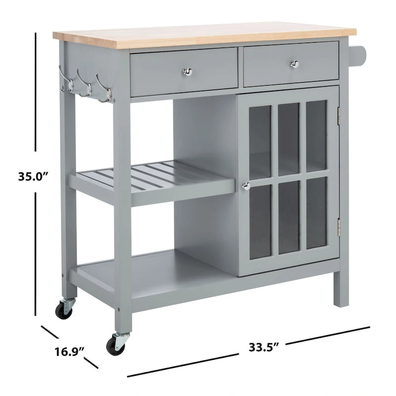 Country-Style Kitchen Cart with 2 Drawers, 2 Shelves & Door, Grey/Natural