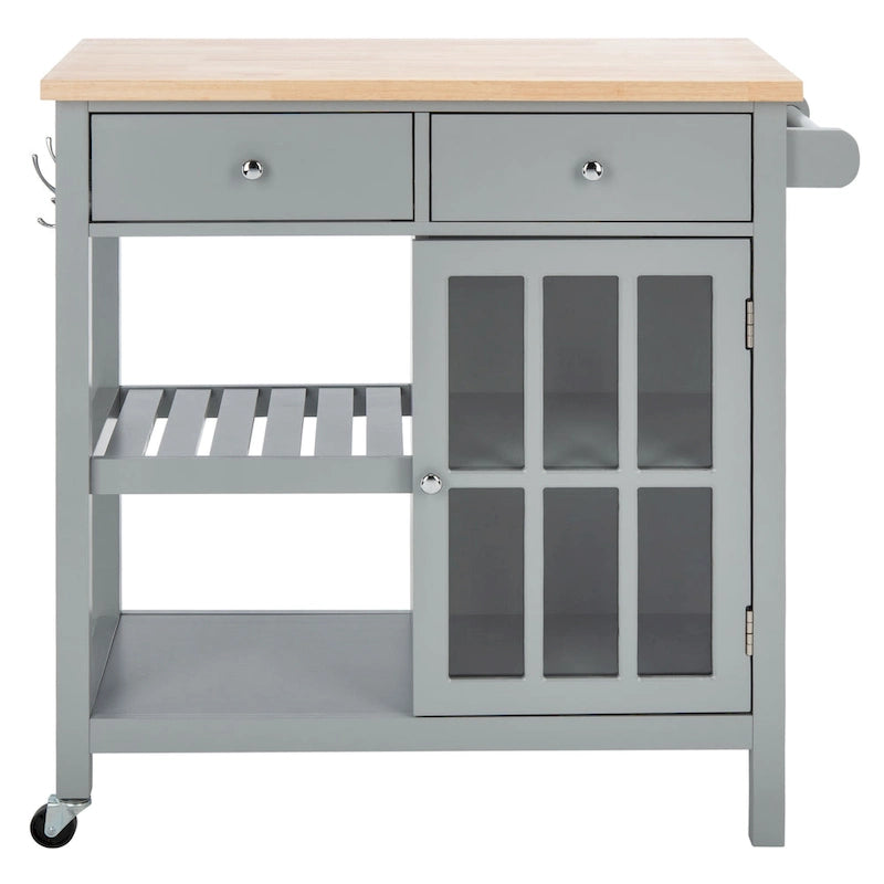 Country-Style Kitchen Cart with 2 Drawers, 2 Shelves & Door, Grey/Natural