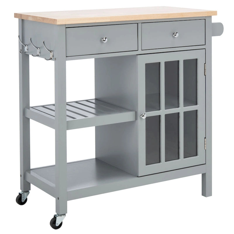 Country-Style Kitchen Cart with 2 Drawers, 2 Shelves & Door, Grey/Natural