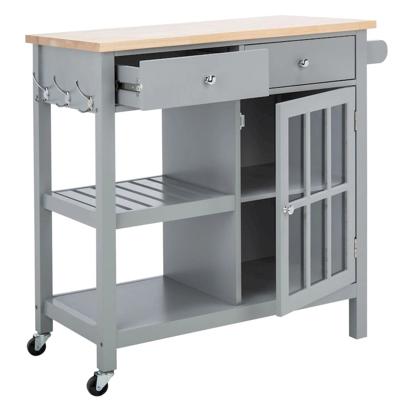 Country-Style Kitchen Cart with 2 Drawers, 2 Shelves & Door, Grey/Natural