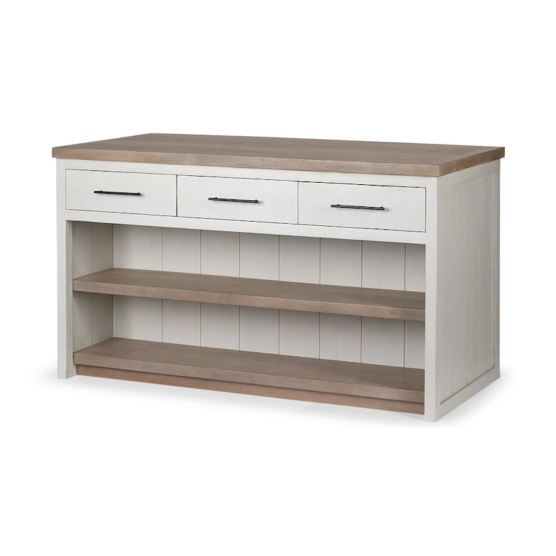 White and Brown Two-Tone Solid Wood Kitchen Island with 3 Drawers and Open Shelf