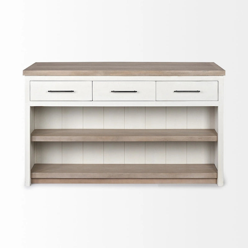 White and Brown Two-Tone Solid Wood Kitchen Island with 3 Drawers and Open Shelf
