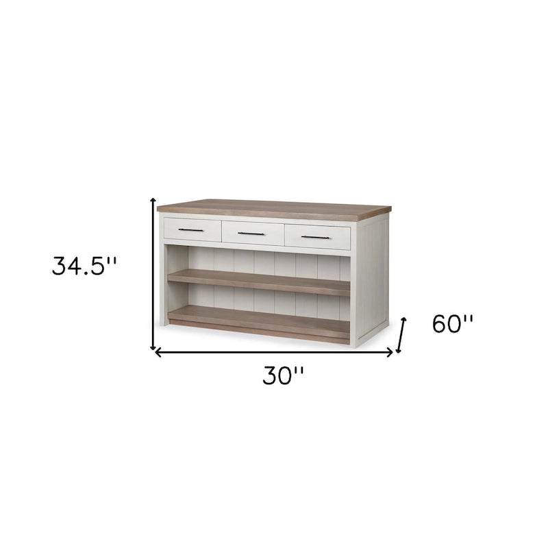 White and Brown Two-Tone Solid Wood Kitchen Island with 3 Drawers and Open Shelf