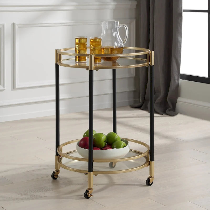 Round Bar Cart with Two Glass Shelves Black Gold Metal Frame