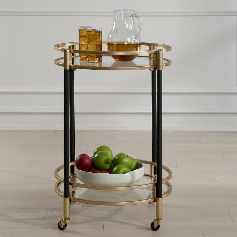Round Bar Cart with Two Glass Shelves Black Gold Metal Frame