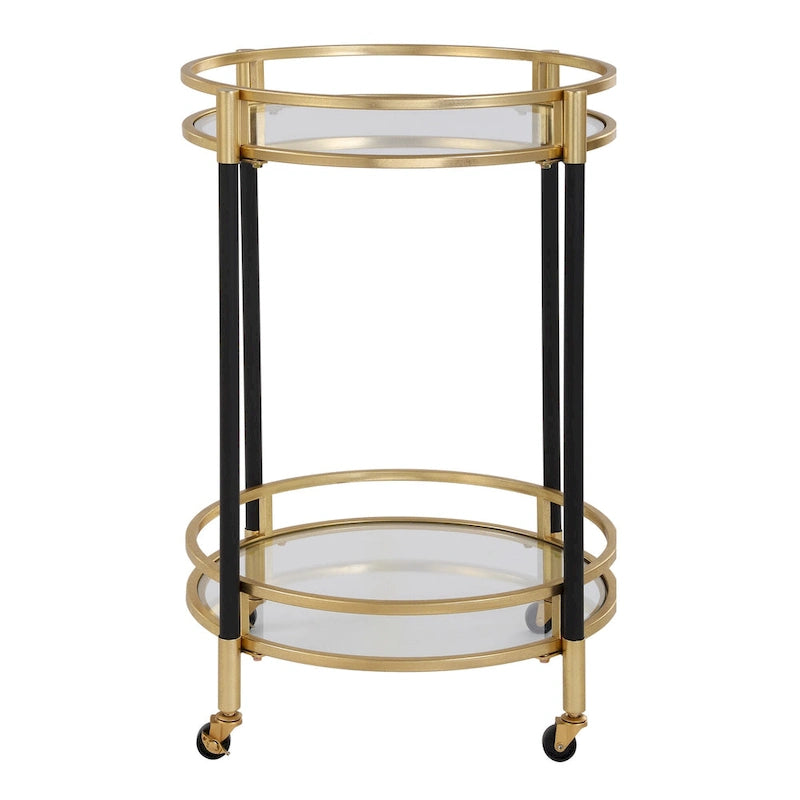 Round Bar Cart with Two Glass Shelves Black Gold Metal Frame