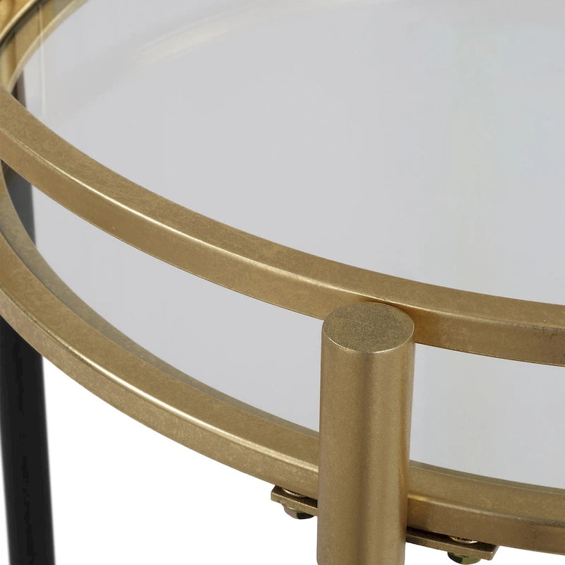 Round Bar Cart with Two Glass Shelves Black Gold Metal Frame