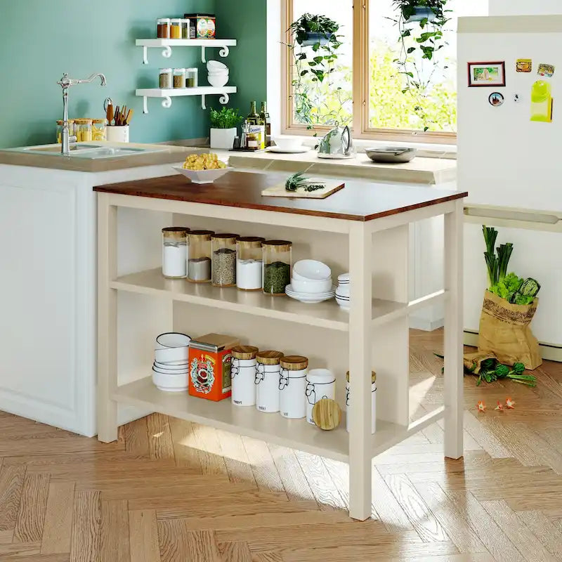 Solid Wood Rustic Kitchen Island with Open Shelves in Tan