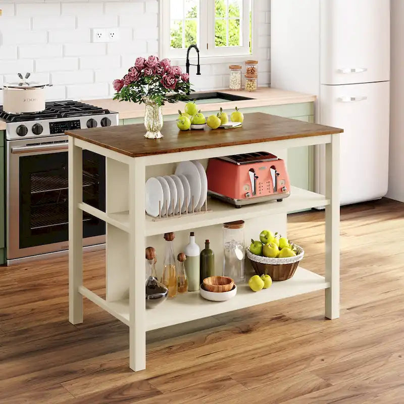 Solid Wood Rustic Kitchen Island with Open Shelves in Tan