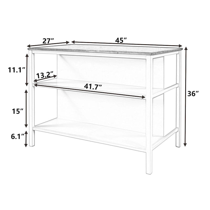 Solid Wood Rustic Kitchen Island with Open Shelves in Tan