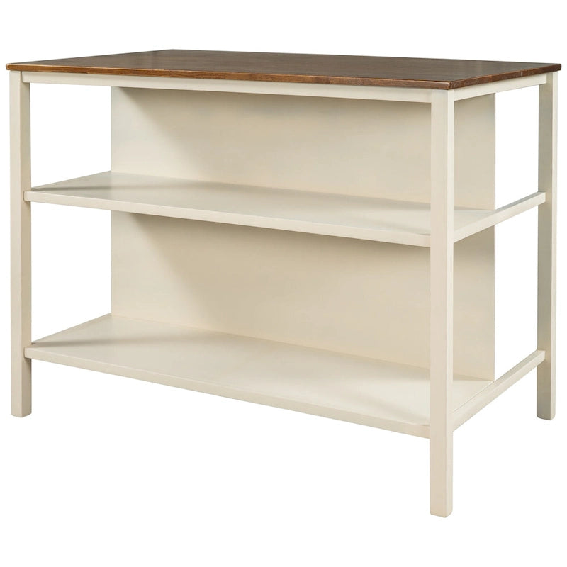 Solid Wood Rustic Kitchen Island with Open Shelves in Tan