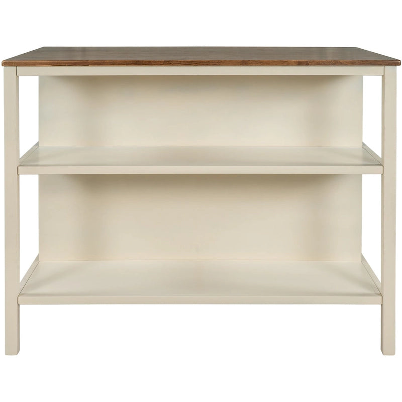 Solid Wood Rustic Kitchen Island with Open Shelves in Tan