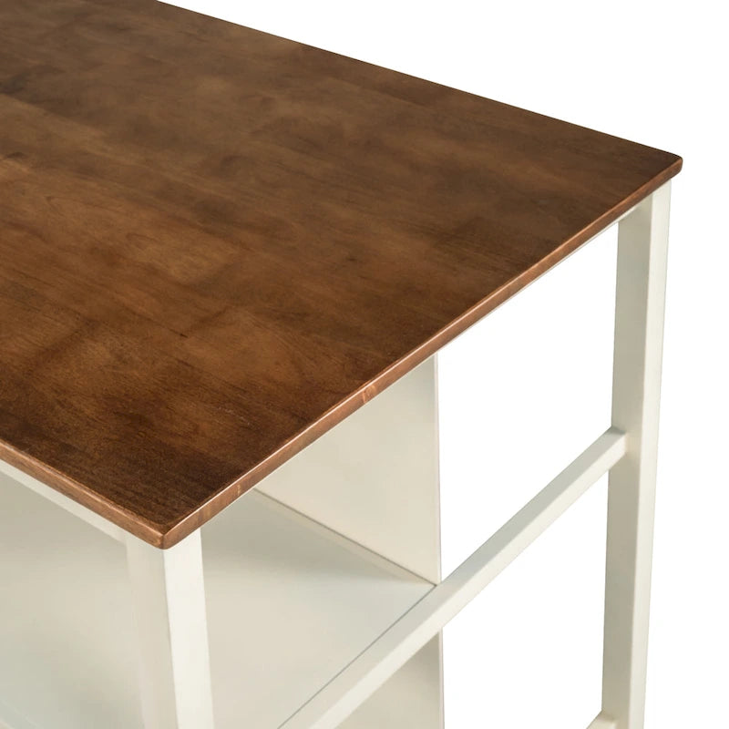 Solid Wood Rustic Kitchen Island with Open Shelves in Tan