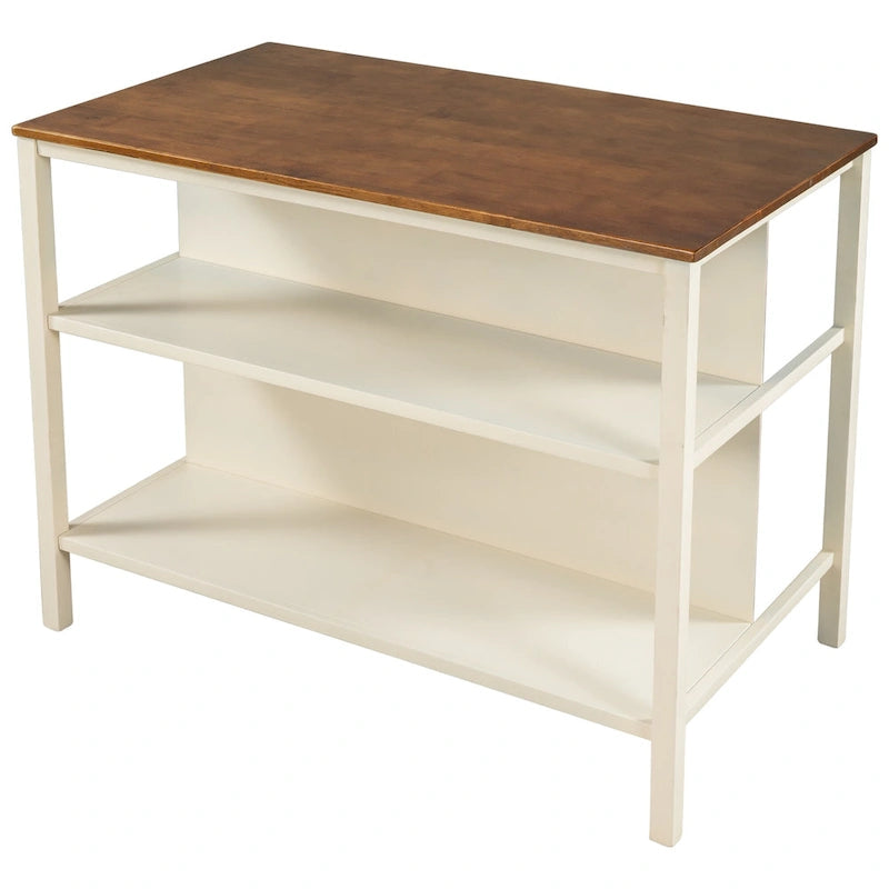 Solid Wood Rustic Kitchen Island with Open Shelves in Tan