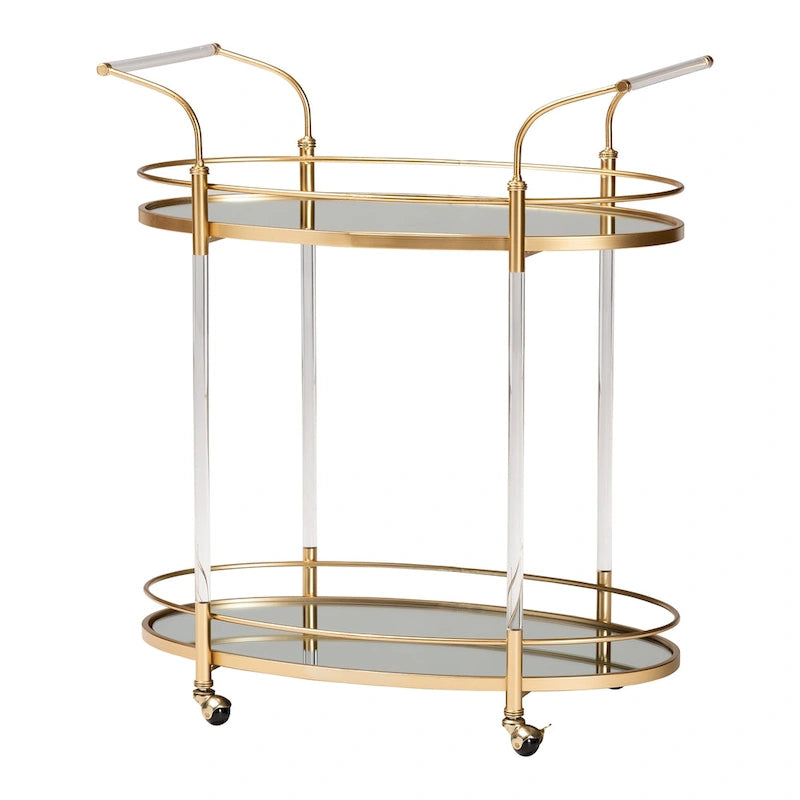 Gold Metal Mirrored Glass 2-Tier Wine Bar Cart with Casters
