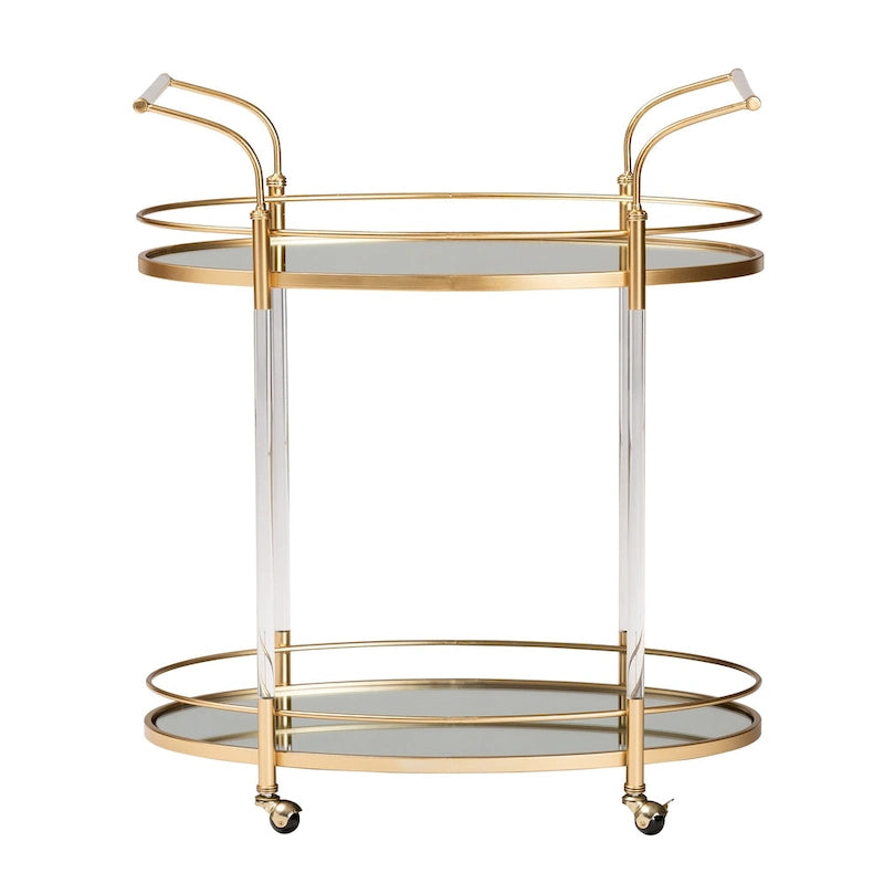 Gold Metal Mirrored Glass 2-Tier Wine Bar Cart with Casters