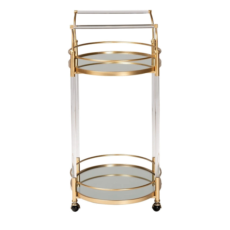 Gold Metal Mirrored Glass 2-Tier Wine Bar Cart with Casters