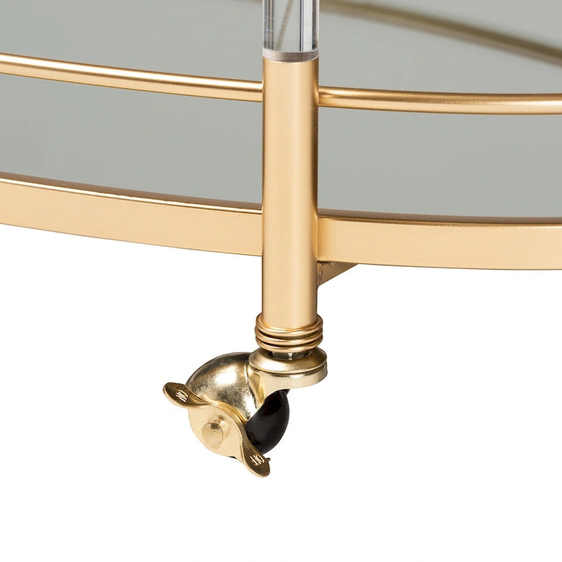 Gold Metal Mirrored Glass 2-Tier Wine Bar Cart with Casters