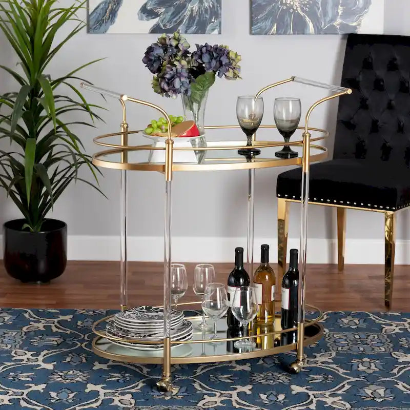 Gold Metal Mirrored Glass 2-Tier Wine Bar Cart with Casters