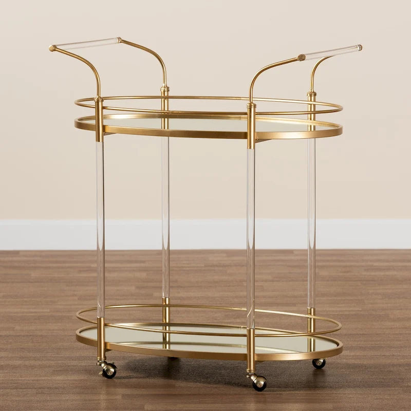 Gold Metal Mirrored Glass 2-Tier Wine Bar Cart with Casters