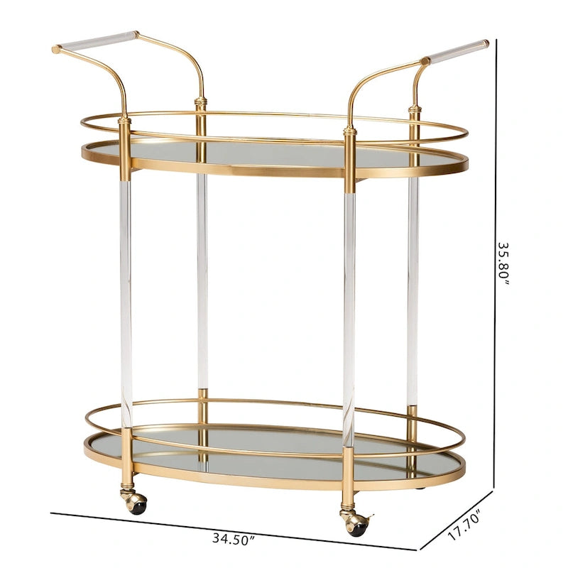 Gold Metal Mirrored Glass 2-Tier Wine Bar Cart with Casters