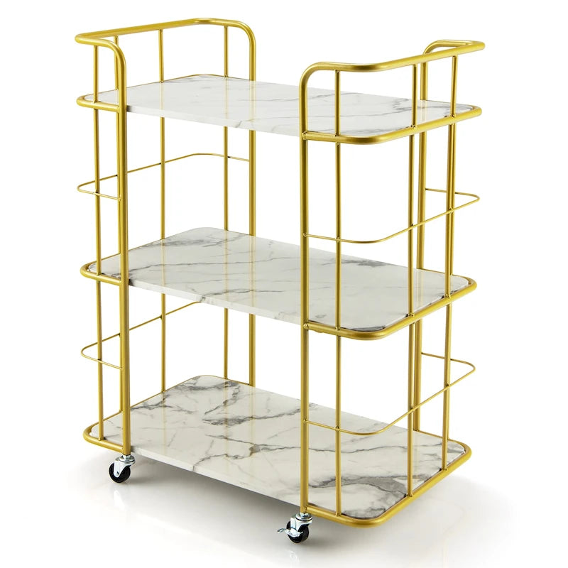 3-Tier Rolling Serving Cart with Marble Gold Steel Frame and Wheels