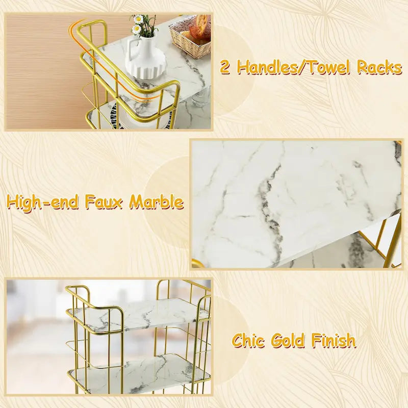 3-Tier Rolling Serving Cart with Marble Gold Steel Frame and Wheels