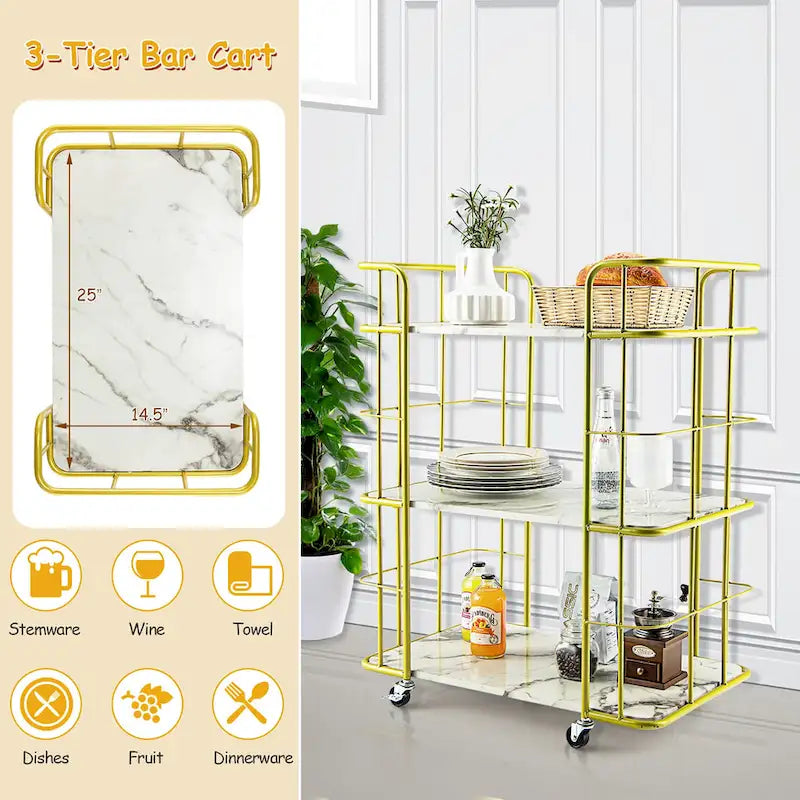 3-Tier Rolling Serving Cart with Marble Gold Steel Frame and Wheels
