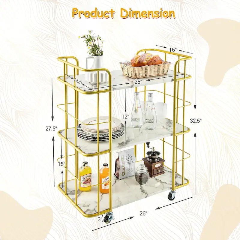 3-Tier Rolling Serving Cart with Marble Gold Steel Frame and Wheels