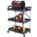 Black Three-Tier Folding Service Cart with Collapsible Shelves