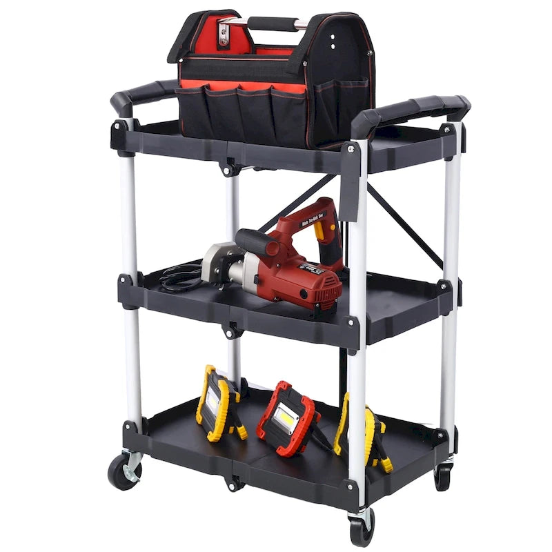Black Three-Tier Folding Service Cart with Collapsible Shelves