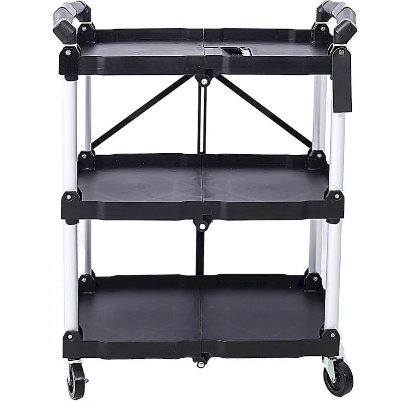 Black Three-Tier Folding Service Cart with Collapsible Shelves