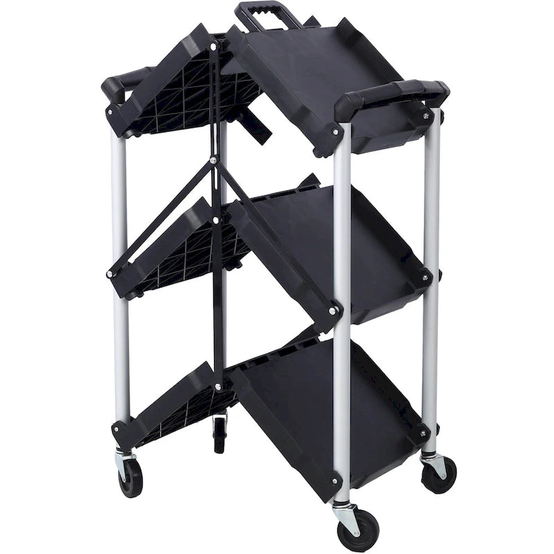 Black Three-Tier Folding Service Cart with Collapsible Shelves
