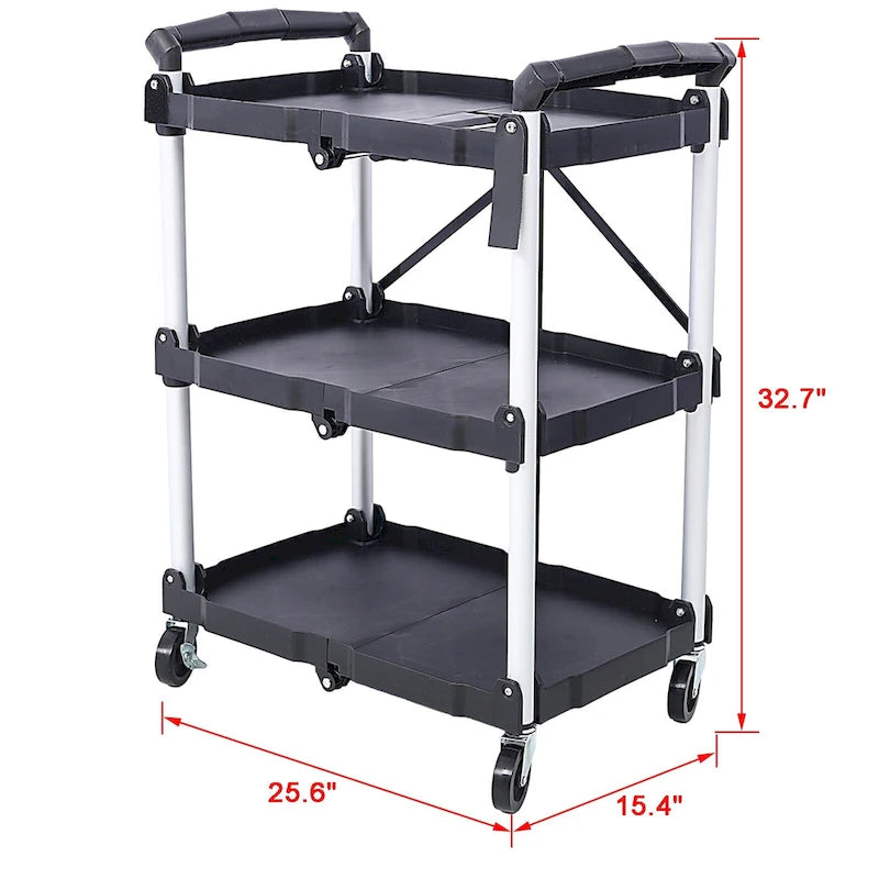 Black Three-Tier Folding Service Cart with Collapsible Shelves