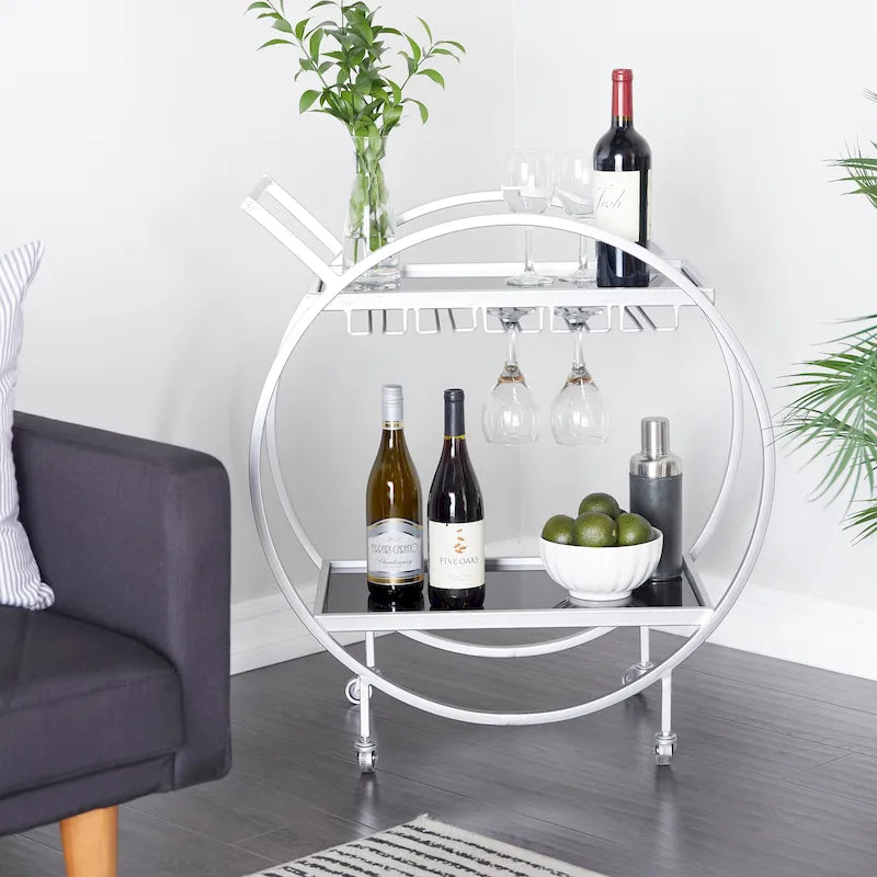 Gold Round Bar Cart Two-Tier Mirror Shelves Matte Frame Wheels