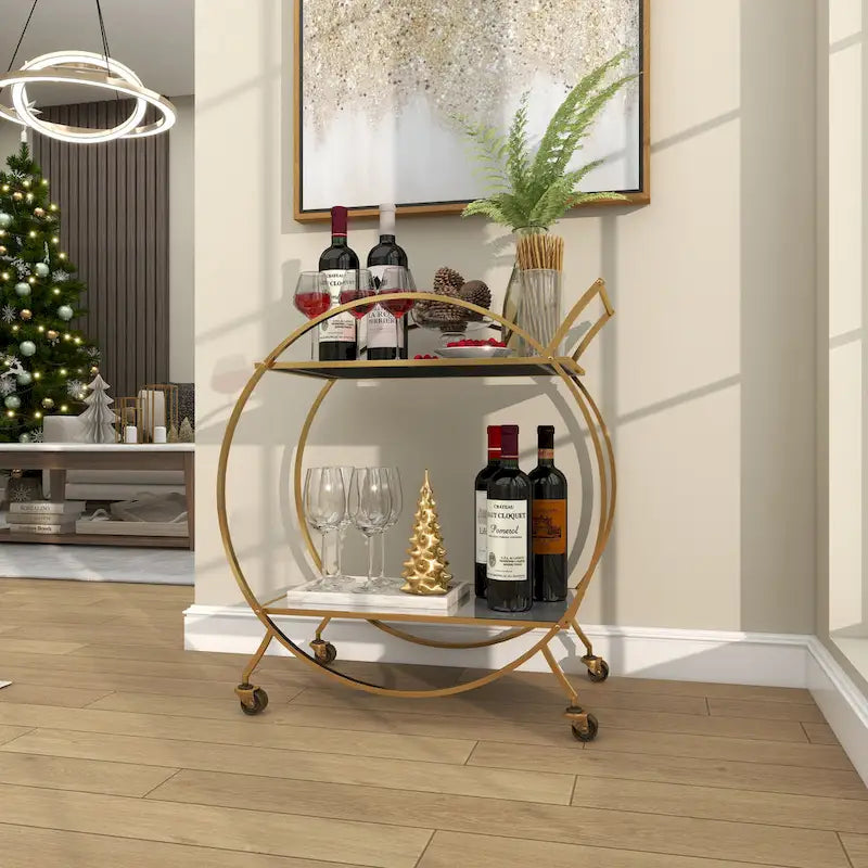 Gold Round Bar Cart Two-Tier Mirror Shelves Matte Frame Wheels