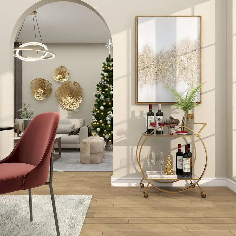 Gold Round Bar Cart Two-Tier Mirror Shelves Matte Frame Wheels