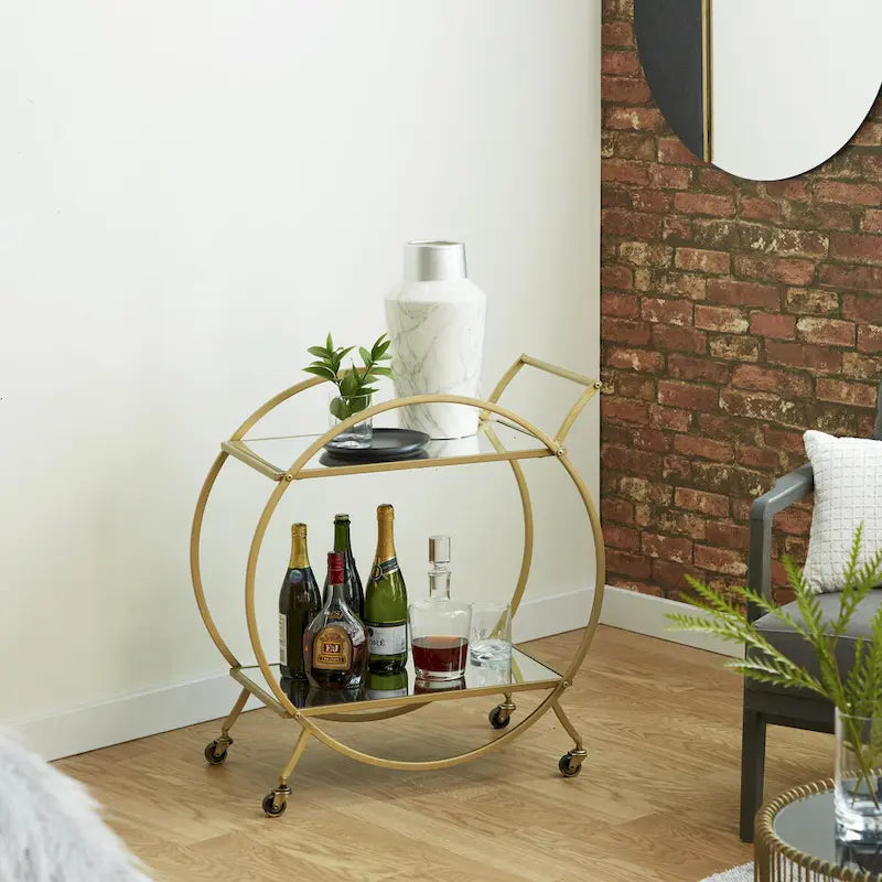 Gold Round Bar Cart Two-Tier Mirror Shelves Matte Frame Wheels