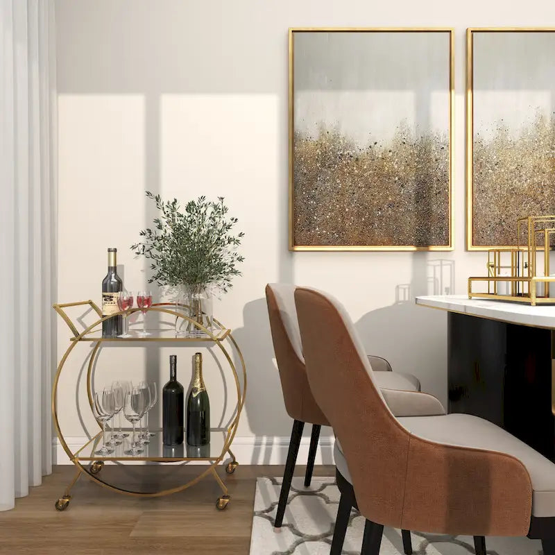 Gold Round Bar Cart Two-Tier Mirror Shelves Matte Frame Wheels