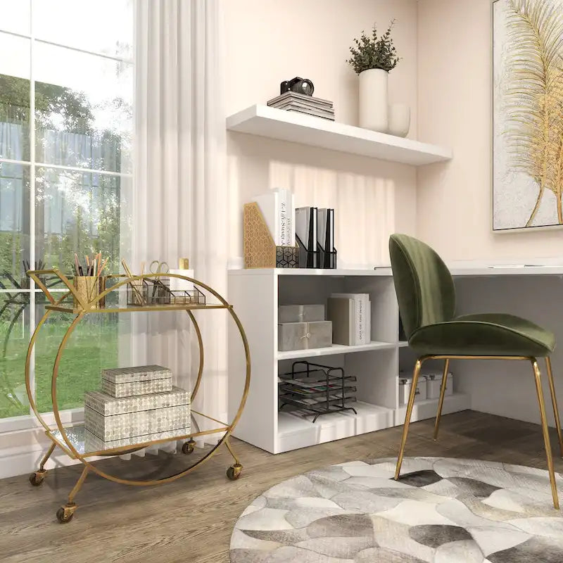 Gold Round Bar Cart Two-Tier Mirror Shelves Matte Frame Wheels