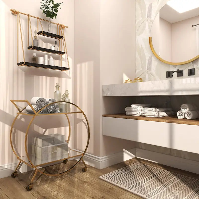 Gold Round Bar Cart Two-Tier Mirror Shelves Matte Frame Wheels