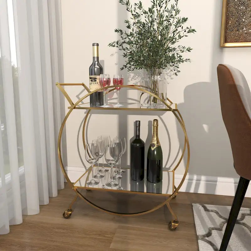 Gold Round Bar Cart Two-Tier Mirror Shelves Matte Frame Wheels