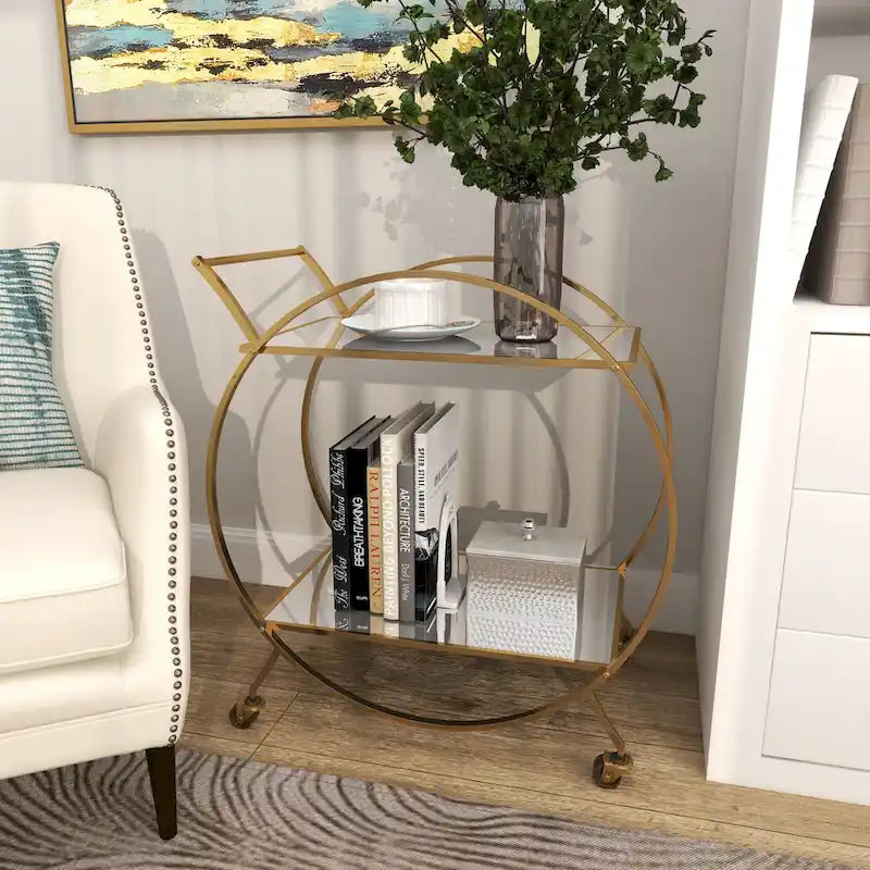 Gold Round Bar Cart Two-Tier Mirror Shelves Matte Frame Wheels