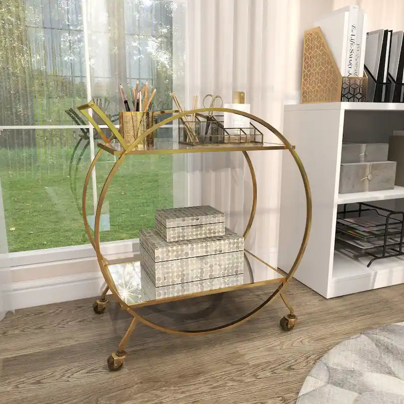 Gold Round Bar Cart Two-Tier Mirror Shelves Matte Frame Wheels