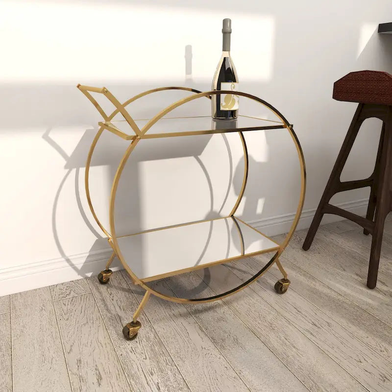 Gold Round Bar Cart Two-Tier Mirror Shelves Matte Frame Wheels