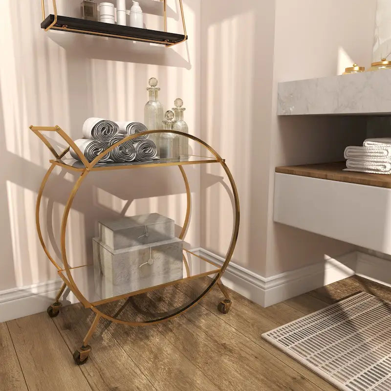 Gold Round Bar Cart Two-Tier Mirror Shelves Matte Frame Wheels