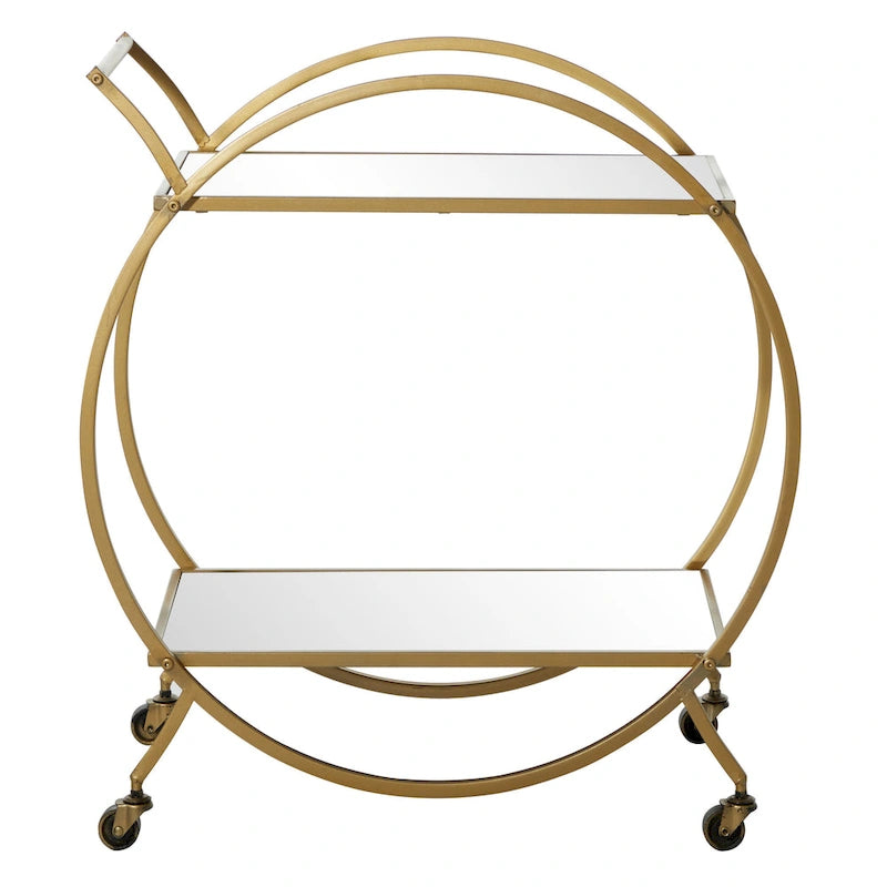 Gold Round Bar Cart Two-Tier Mirror Shelves Matte Frame Wheels