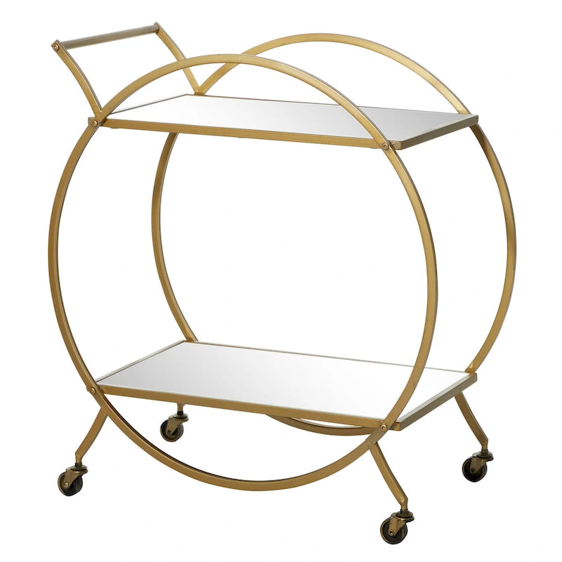 Gold Round Bar Cart Two-Tier Mirror Shelves Matte Frame Wheels